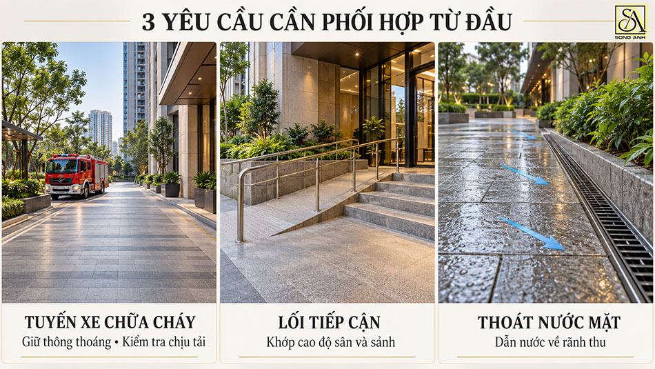 Minh họa tuyến xe chữa cháy, đường dốc tiếp cận sảnh và rãnh thoát nước mặt
